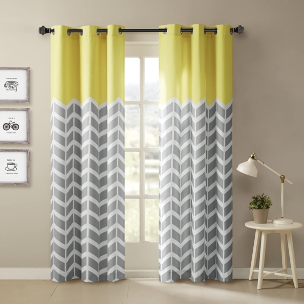 Intelligent Design Yellow in Grey Chevron Printed Curtains