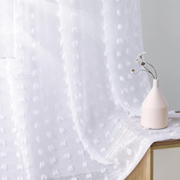 Pom Tuft Boho Curtains Privacy Semi Sheer Curtains for Living Room - Image 2
