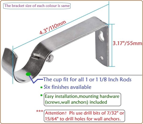 Curtain Rod Bracket Set of 4 for 1 Or 1 1/8 Inch Rods, Adjustable - Image 2