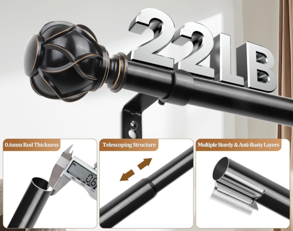 Curtain Rod Telescoping Single Drapery Rod Netted Texture Finials - Image 3