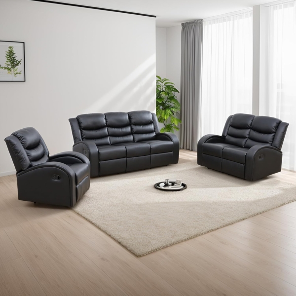 MB_FURNITURE 5 Seat Faux Leather Sofa Couch Set (Black)