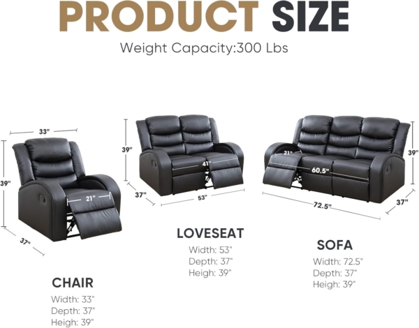 MB_FURNITURE 5 Seat Faux Leather Sofa Couch Set (Black) - Image 2