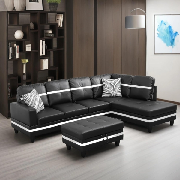 Modern Living Room Velvet Sofa Set (3 Piece, Black/White) - Image 2