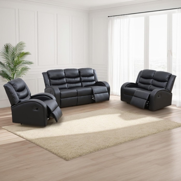 MB_FURNITURE 5 Seat Faux Leather Sofa Couch Set (Black) - Image 3